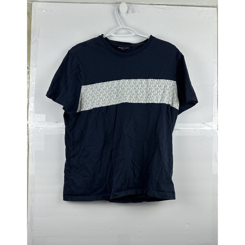 Michael Kors Men's T-Shirt Medium Navy Blue MK Logo Stripe Short Sleeve Crew